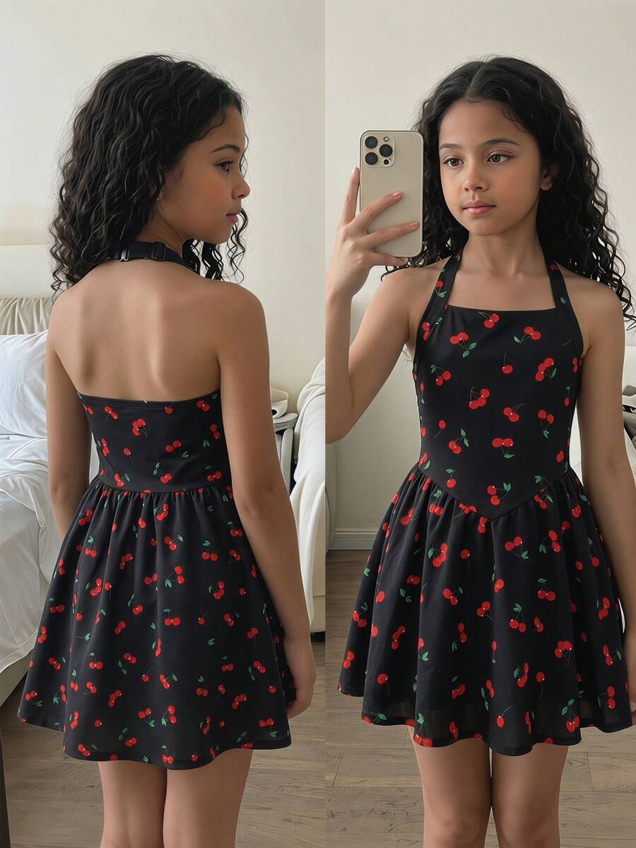SHEIN 少女休闲芭蕾舞露背低腰泡泡裙 - 黑色 - 查看 1