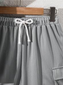 SHEIN 青少年男孩 2件組 休閒寬鬆舒適 Logo裝飾短袖上衣與短褲套裝，春夏季 - 灰色 - 查看 4
