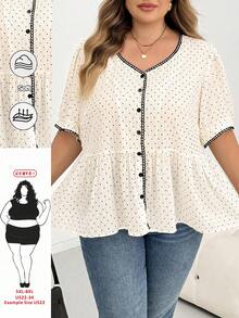 SHEIN CURVE+ Plus Size Women's Polka Dot Print Short Sleeve Single Breasted Ruffle Hem Shirt Party Brunch Tea Party Office Beige Summer 1950s Vintage Casual 1960s - Apricot - View 8