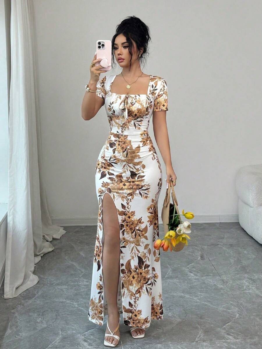 Rafferiza 女士夏季短袖连衣裙,数码印花度假连衣裙,沙滩度假连衣裙,开衩下摆,腰部褶皱长裙 - 黃色 - 查看 1