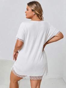 SHEIN CURVE+ Plus Size Women's Mesh Spliced White Dress Loose Elegant Western Casual Holiday Summer Office Date Night Formal Lounge Brunch Business - White - View 2