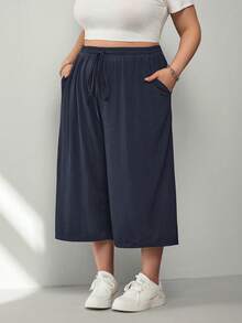 SHEIN CURVE+ Plus Size Women's Navy Blue Lightweight Ice Silk Knit Ribbed Casual Pants, With Pockets, Drawstring Waist, Loose Fit, Suitable For Summer Hiking - Navy Blue - View 5