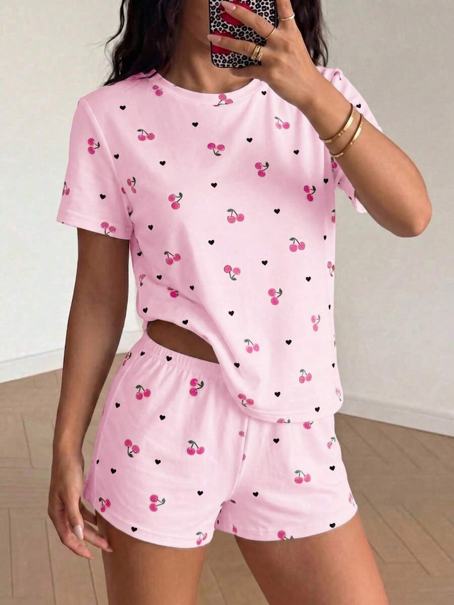 SHEIN 青少年女孩休閒寬鬆極簡圓領短袖短褲家居服,適合春夏季 - 彩色 - 查看 1