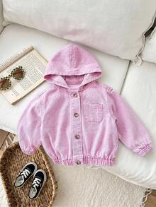 SHEIN Jaket Lengan Panjang Berkerudung Denim Biru untuk Bayi Perempuan - Berwarna merah muda - View 5
