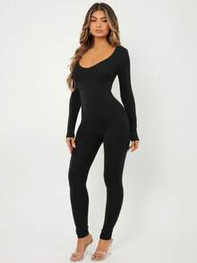 SHEIN SXY Spring Scoop Neck Black Long Sleeve Bodysuit Jumpsuit - Black - View 4