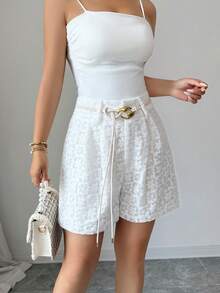 SHEIN Clasi High-Waisted Design Solid Color Hollow Out European And American Style 3D Floral Applique Casual French Elegant Shorts Vacation White Summer Brunch - White - View 6