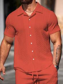 Manfinity Homme Camisa casual versátil de manga corta con textura y botonadura sencilla para hombres - Naranja - Ver 4