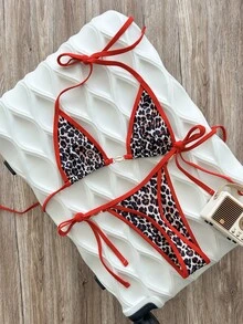 Swim Mod Summerbeach 女款豹紋撞色滾邊比基尼上衣與泳褲套裝 - 彩色 - 查看 4