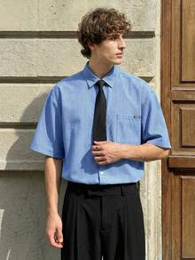 SWAVVY Men's Single-Breasted Preppy Style Short Sleeve Shirt - Baby Blue - View 2