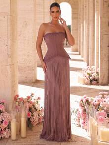 Glamrae Elegant Romantic Blush Pink Luxury Glittery Knit Strapless Bodycon Jumpsuit Dress Ruched Waist 2 In 1 Tassel Decor Gala Dinner Prom Night Formal Fall - Dusty Pink - View 5