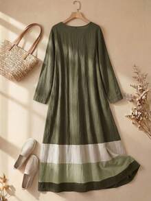 SHEIN LUNE Vestido longo de manga comprida com decote redondo e blocos de cor para mulher, primavera/outono - Verde - Ver 2