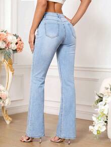 SHEIN PETITE 女款簡約日常拉鍊開襟喇叭牛仔褲 - 藍色 - 查看 2