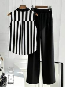 Seusyu Plus Size 2pcs Black And White Pattern Lapel Sleeveless Top And Long Pants Set Office Formal Business Summer Elegant Casual - Black - View 2