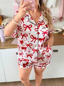 Slumberry CURVE Sweet INS Bow Heart Print Lapel Button-Up Satin Plus Size Pajama Set - White - View 5