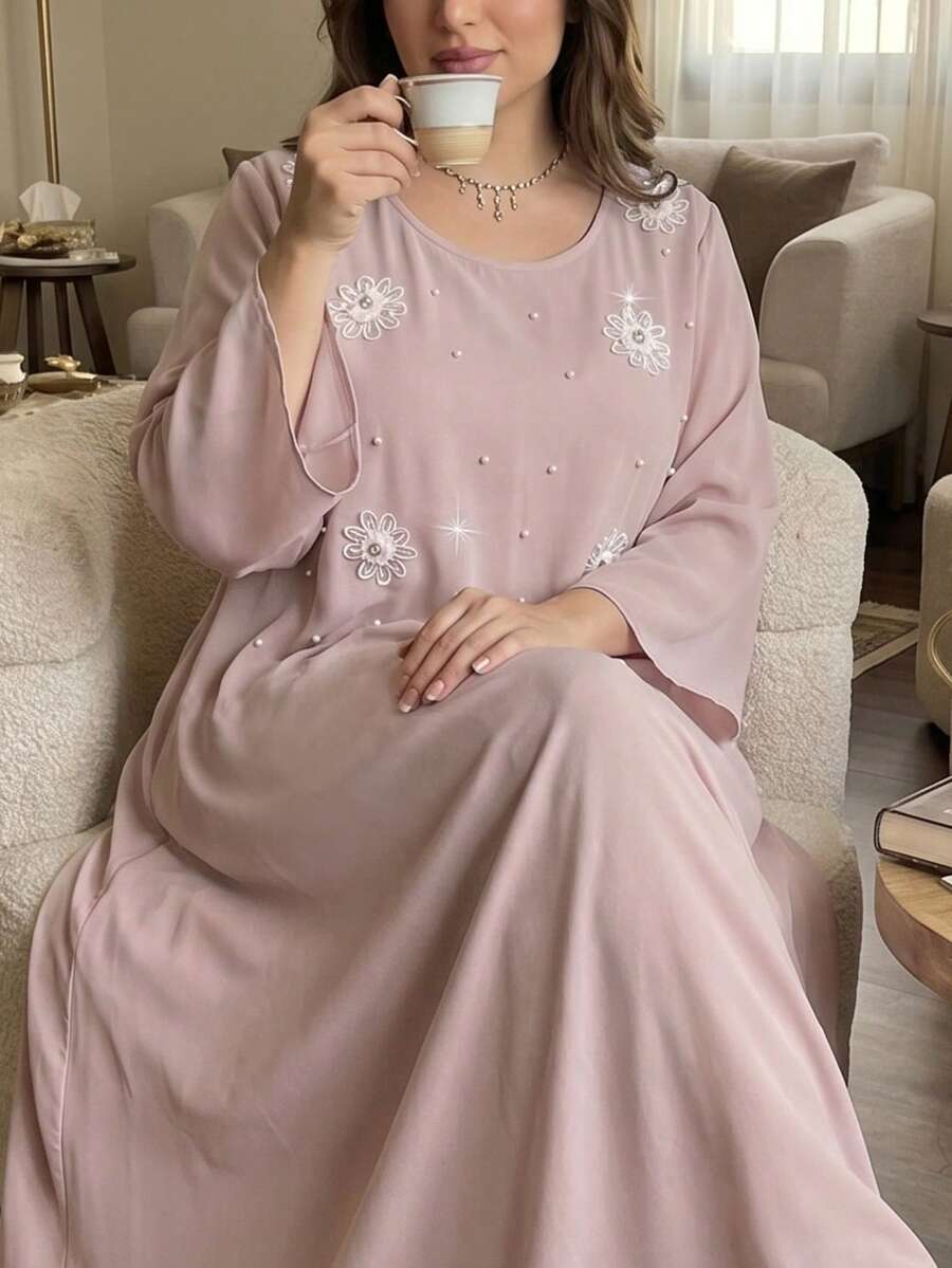 Al Najma 大码女士宽松阿拉伯风格连衣裙,饰有串珠和刺绣,适合夏季日常穿着。 - 淺粉色 - 查看 1