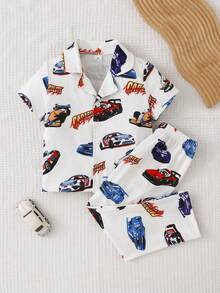 Summer Young BoyPajama Set, Cute Hot-Blooded Cartoon Racing Car Print, Soft Comfortable Flame Retardant Milk Silk Fabric, Lapel Cardigan Short Sleeve & Long Pants 2 Pieces Loungewear - White - View 4