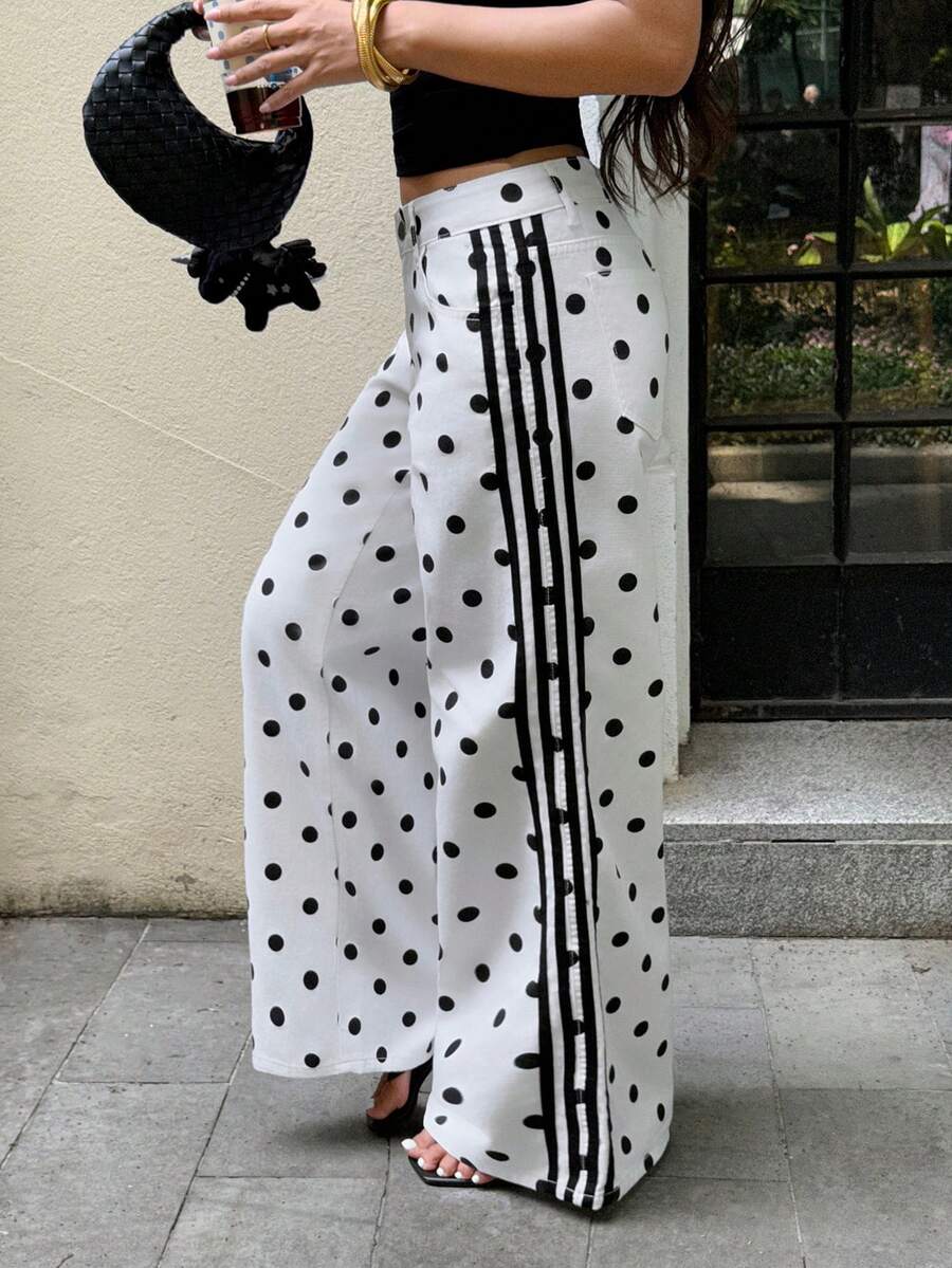 Rivivi 女款圓點印花對比條紋牛仔長褲 - 彩色 - 查看 1