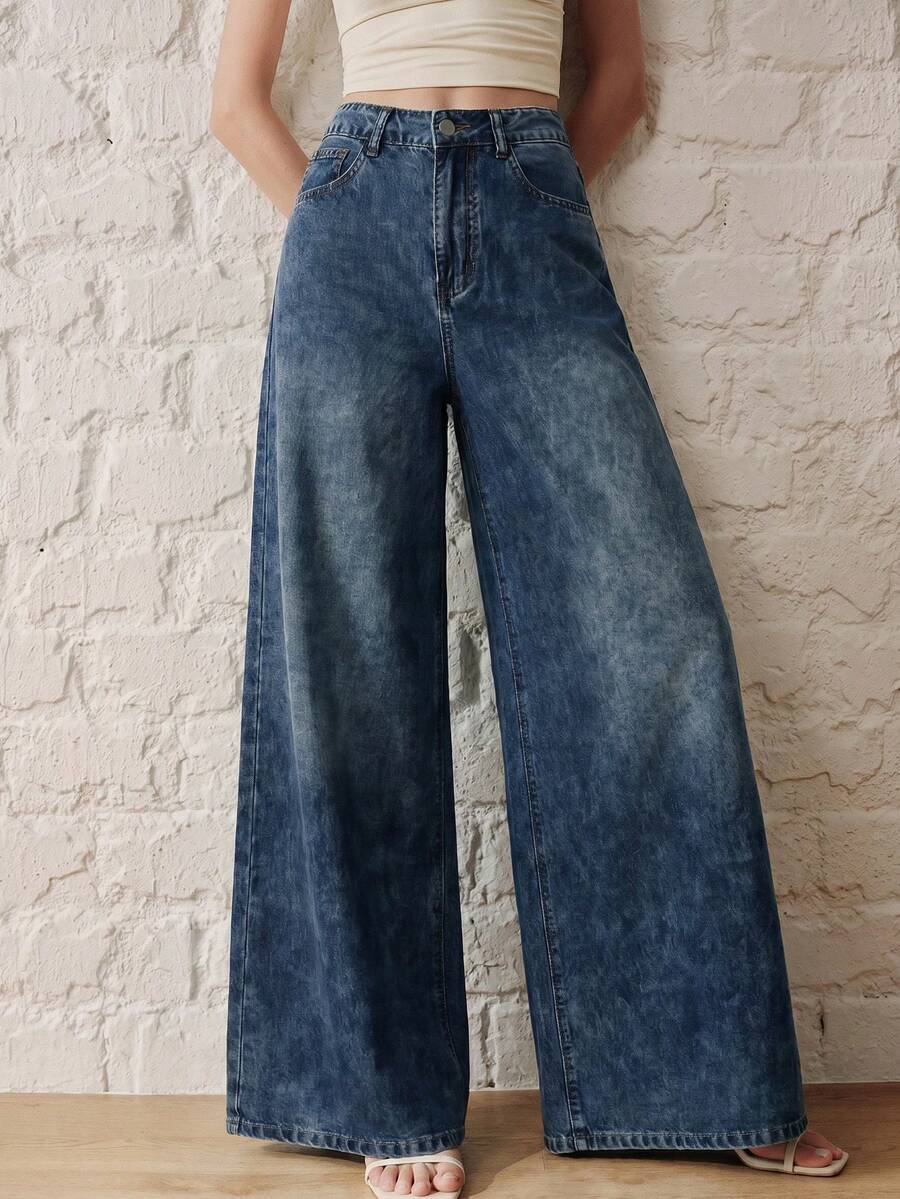 Anewsta Essential Fashionable New Street Style Women's Blue Denim Wide Leg Pants - Blue - View 1