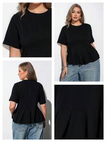 Maija Plus Size Black Round Neck Short Sleeve Fitted Top Ruffle Hem Elegant Smart Soft Form Casual Office Formal Formal Vacation Brunch Summer Halloween - Black - View 9