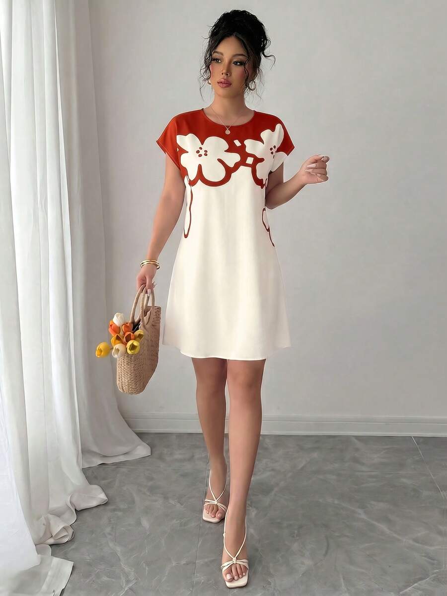 SHEIN Elenzya Standard Size Exquisite Elegant Women's Daily Casual Formal Commute Family Gathering Short Sleeve Dress - Multicolor - View 1
