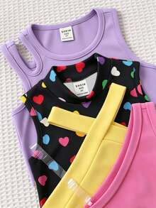 Set de 4 piezas de chaleco de punto de unicolor con patrón de corazón para niña - Multicolor - Ver 5