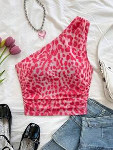 Soleia Top sexy casual de un hombro con fruncido y estampado de leopardo - Rosa - Ver 3