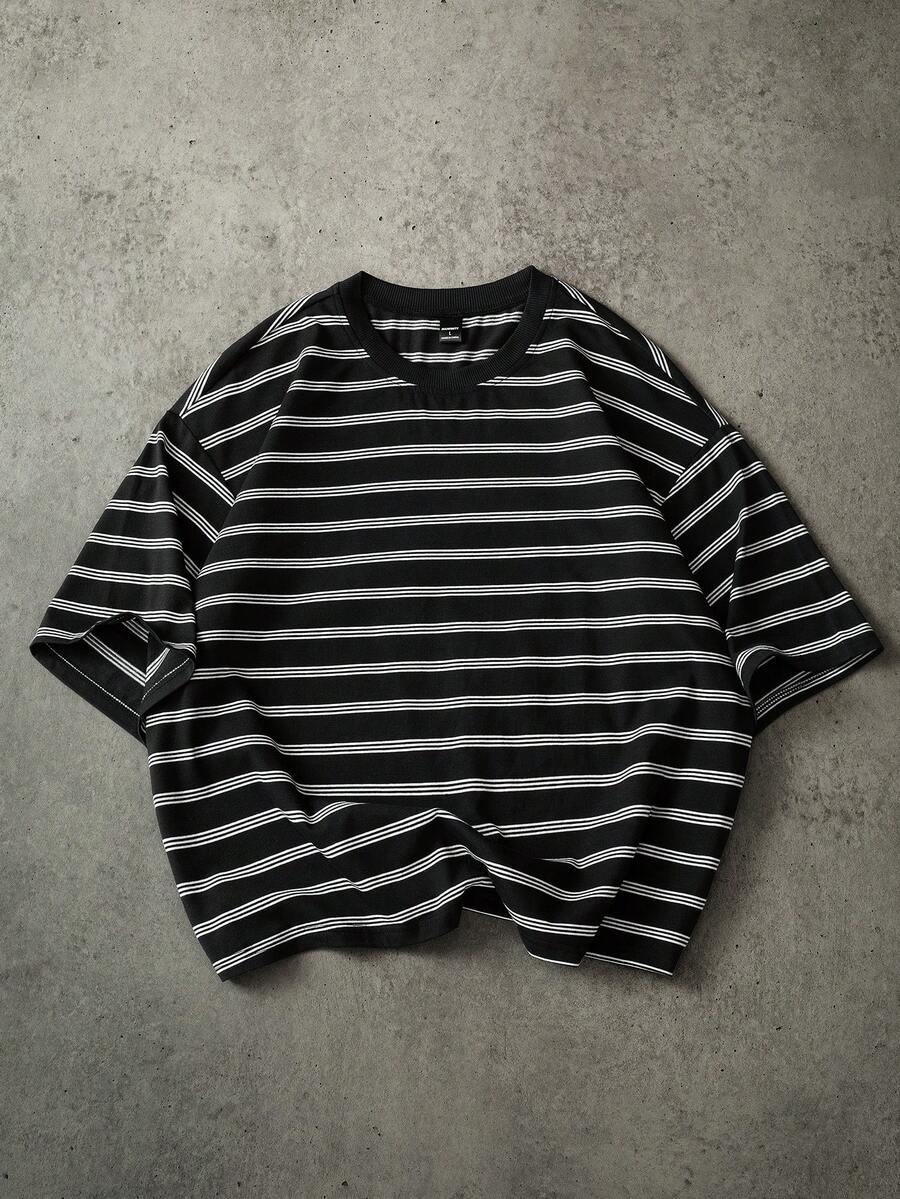 PAVTROS Men's Plus Size Casual Striped Short Loose Fit T-Shirt, Versatile Everyday Striped T-Shirt - Black and White - View 1
