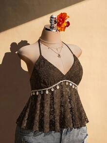 SHEIN ICON Plus Size Knitted Halter Shell Tassel Decor Babydoll Backless Camisole - Brown - View 11
