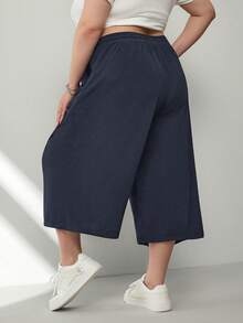 SHEIN CURVE+ Plus Size Women's Navy Blue Lightweight Ice Silk Knit Ribbed Casual Pants, With Pockets, Drawstring Waist, Loose Fit, Suitable For Summer Hiking - Navy Blue - View 2