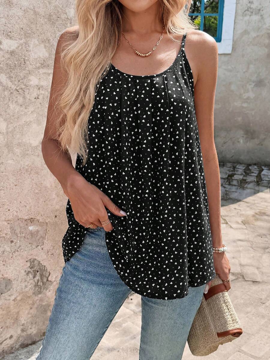 SHEIN Clasi 女款全印花百褶休閒百搭日常穿搭細肩帶背心上衣 - 黑色 - 查看 1