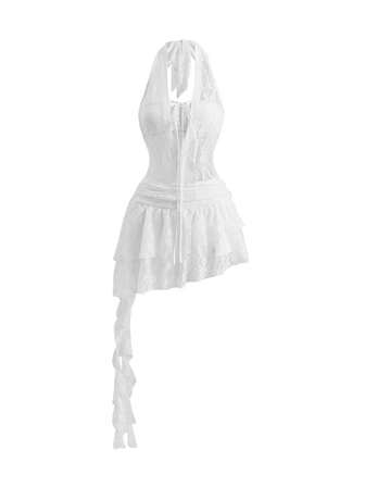 ROMWE Avant Abito mini da donna con scollo ad aletta, in tessuto di pizzo semi-trasparente, con balze asimmetriche sul fondo