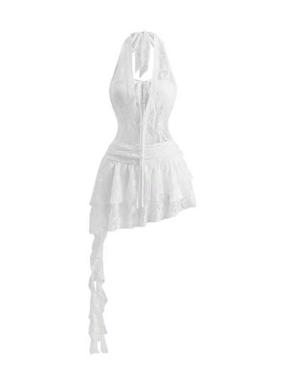 ROMWE Avant Women's Sexy Halter Neck Semi-Sheer Lace Fabric Asymmetric Ruffle Hem Mini Dress
