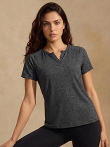 Glamine Women's Solid Color Notch V-Neck Regular Shoulder Casual Comfortable Sports Short Sleeve T-Shirt - Charcoal Grey - View 6