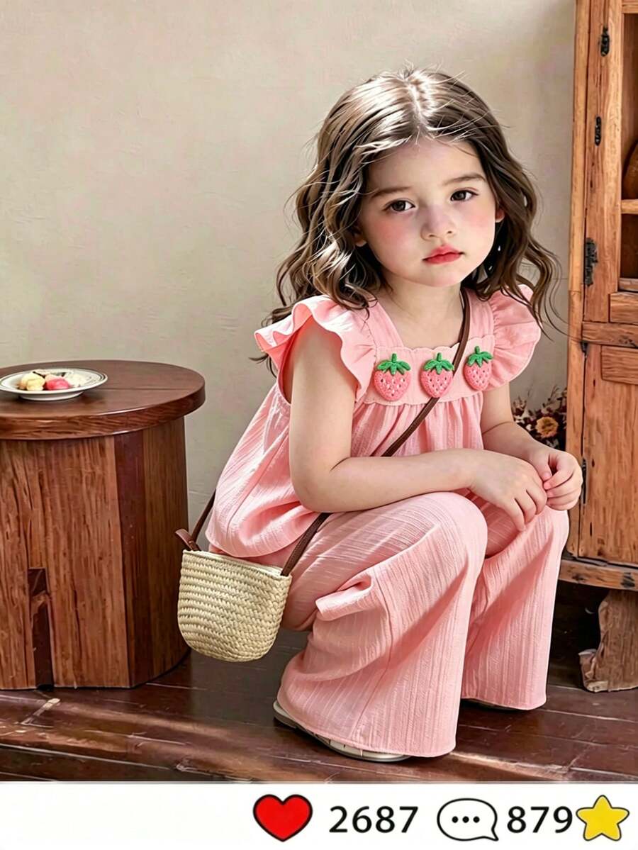 SHEIN Vintaside Kids 女嬰夏季粉色柔軟可愛休閒風草莓圖案方領荷葉袖上衣搭配寬腿長褲2件套,適合日常穿著、冷氣房放鬆、日常玩耍,柔軟可愛女孩套裝 - 粉色 - 查看 1