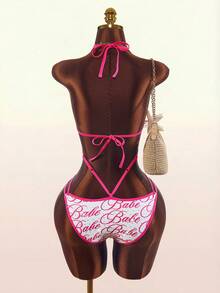 Amplova Women's One-Piece Swimsuit With Pattern Contrast Binding Rhinestone Embellishment Sexy Avant-Garde Cut-Out Backless Design Suitable For Vacation And Party Outfits - Pink - View 14