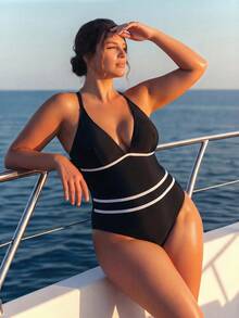 Swim Lushoire Plus Size Colorblock Striped Tankini Swimwear Set Holiday Beach Summer Modest Elegant - Black and White - View 6