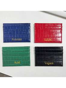 Porte-cartes de crédit personnalisé pour hommes et femmes en cuir PU motif crocodile, portefeuille de poche ultra fin monogramme, lettres initiales personnalisées, cadeau DIY pour anniversaire, Noël, vacances, voyage, stade, sports, blocage RFID, cadeau pour la fête des pères - Noir - Voir 7