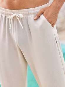 Mercer Haus 男士纯色抽绳腰亚麻裤，米色，轻盈简约，适合外出和度假，春夏款 - 香檳色 - 查看 6