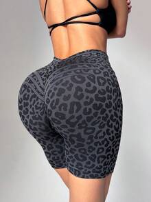 Slayform Slayform 1pc Women's Sexy Leopard Print Back V-Waist Running Fitness Workout Sports Outdoor Casual Base Layer Knee Length Shorts - Multicolor - View 1