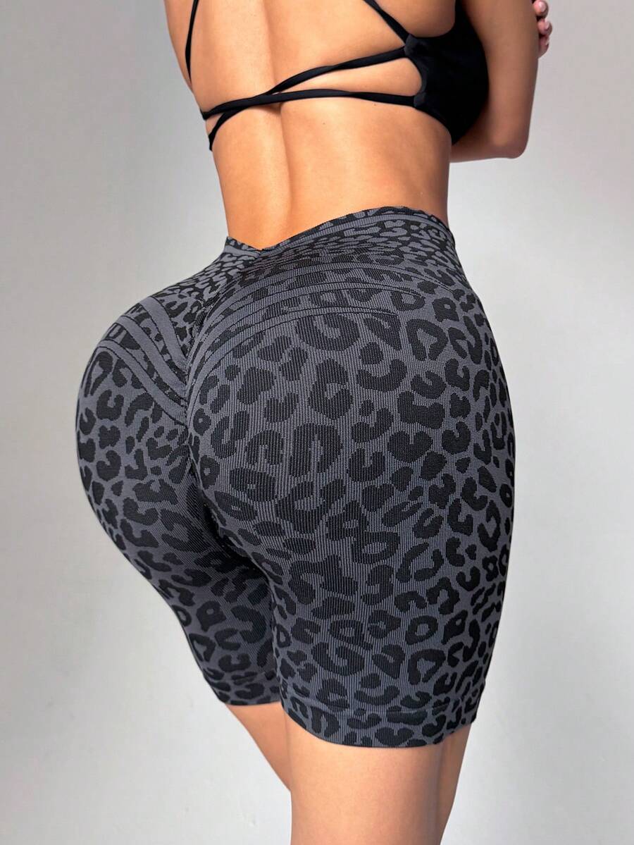 Slayform Slayform 1pc Women's Sexy Leopard Print Back V-Waist Running Fitness Workout Sports Outdoor Casual Base Layer Knee Length Shorts - Multicolor - View 1