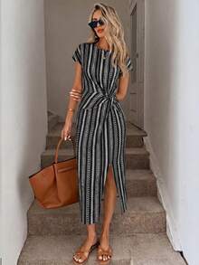 Easowa Printed Summer Casual Elegant Waist Twist High Slit Sleeveless Midi Dress Women's Casual Knit Textured Bodycon Dress Women's Birthday Outfit Women's Fitness Set Women's Wedding Guest Dress Women's Office Wear - Multicolor - View 5