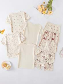 SHEIN 4件套女童圆领短袖短裤修身可爱兔子、爱心、蝴蝶结装饰柔软舒适睡衣，适合送给闺蜜或自己穿着 - 杏色 - 查看 2