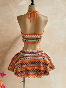 Soleia Orange Halter Top & Printed Mini Skirt Women's 2 Pieces Set Vacation - Multicolor - View 2