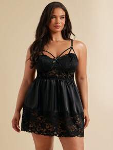SHEIN BAE CURVE 蕾丝拼布露背性感 V 领大码吊带背心睡衣 - 黑色 - 查看 6