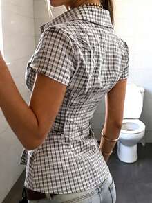 IslaSuriya 女士 Polo 领短袖修身衬衫 - 黑與白 - 查看 2