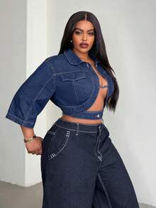 Jeanoix Y2K Plus Size Denim Jacket, Slim Fit Asymmetrical Cropped Jacket, Dark Blue Denim Jacket - Dark Wash - View 4