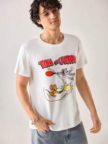 Strevion TOM & JERRY 男士简约汤姆和杰瑞乒乓球印花圆领短袖T恤，夏季款 - 白色 - 查看 6