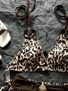 SHEIN Swim 女款休閒度假海灘派對優雅粗肩帶豹紋比基尼兩件式泳衣 夏季新款 - 彩色 - 查看 4
