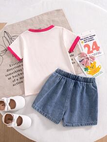 Souflis Souflis 2piezas/Set Top de manga corta con cuello redondo y estampado de lazo inglés en el frente con puño en contraste & Falda-pantalón de mezclilla con lazo 3D para niña bebé, paleta de colores Maillard simple, linda y versátil para el verano - Multicolor - Ver 2