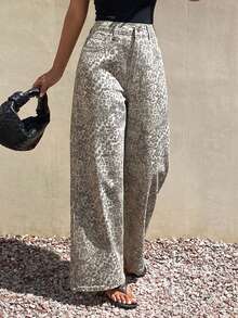 DAZY Jeans de mujer con estampado de leopardo, pierna ancha y holgada, casual para vacaciones de verano y escuela - Caqui - Ver 5